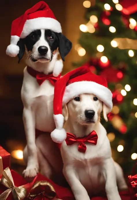 dalmations dogs dressed in santa claus hats and red bow for tie，lighted christmas tree in background, Fresh and lovely，a warm color palette，Warm scene，smiling girl，Friendly，Natural light，soft shade