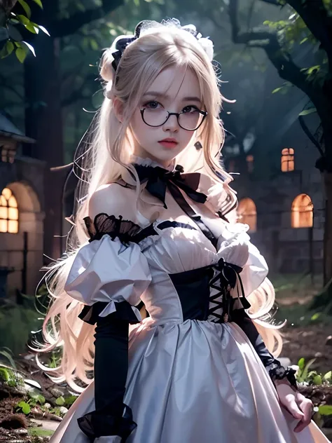 8K, Raw photo, Photorealistic, (Detailed skin, Best Quality:1.2), ((Sweet Lolita Dresses, puff sleeves, Black Gloves)), (white wavy hair:1.3, short bangs), Teenage Japanese girl in dark forest at night, Standing, (glasses, baby face Neat face, Fairer skin)...