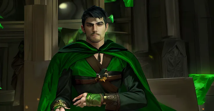 there is a man in a green cape and black outfit holding a sword, wearing green cloak, with a green cloak, wearing a green cloak, green cloak, dark green cloak, arsen lupin as a paladin, green robes, wearing dark green robes, green cape, picture of a male c...