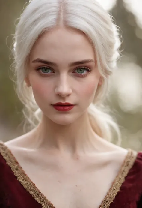 (((A deep reddish wound crosses her left cheek))) Fair complexion, Female about 19 years old, natural white hair, Distinctive green eyes, Wearing Kohl, slender and graceful, Beautiful, Candles in a medieval setting, ultra sharp focus, realistic shot, Medie...