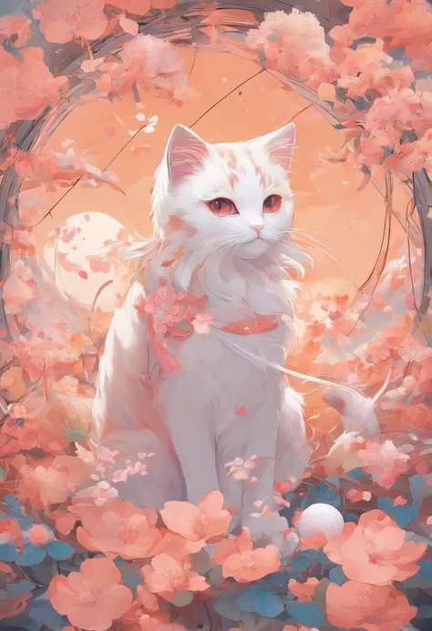 ​masterpiece, best qualtiy, Cat and Ball of Thread, Cat playing with balls of yarn, detaile, Warm colors, Peach petals falling around, Cat Anime, Beautiful fece