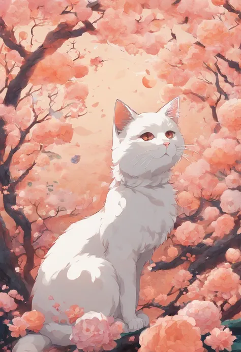 ​masterpiece, best qualtiy, Cat and Ball of Thread, Cat playing with balls of yarn, detaile, Warm colors, Peach petals falling around, Cat Anime, Beautiful fece