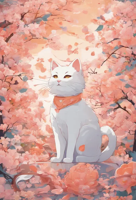 ​masterpiece, best qualtiy, Cat and Ball of Thread, Cat playing with balls of yarn, detaile, Warm colors, Peach petals falling around, Cat Anime, Beautiful fece