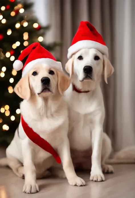 dalmations dogs dressed in santa claus hats and red bow for tie，lighted christmas tree in background, Fresh and lovely，a warm color palette，Warm scene，smiling girl，Friendly，Natural light，soft shade