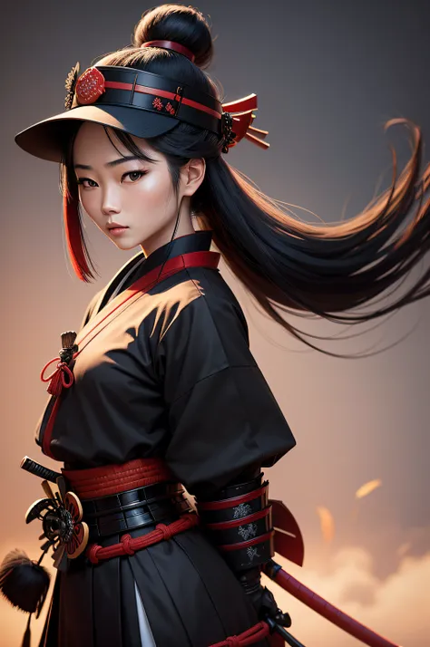 Beautiful Japanese woman from the front, Samurai Hat Black Japanese Hat Bamboo black with red ribbon, highly detailed image, Samurai, full body, Samurai sword. By leandrojsj