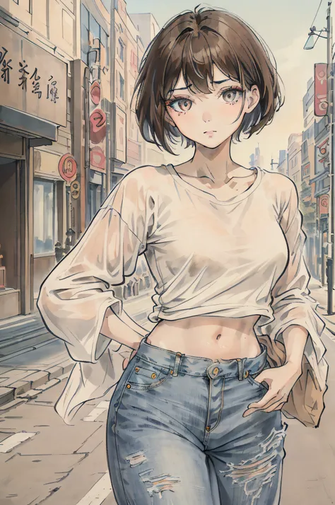 top-quality、​masterpiece、、女の子 1 人、brown haired、Brown-eyed、frontage、A detailed face、beautidful eyes、In the street、Contemporary attire、Short-cut hairstyles、white t-shirts、Jeans pants、Navel Ejection