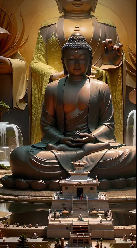 There is a Buddha statue in the pond, a Buddhist Buddha, Zen temple background, Buddhism, Buddhist, On the road to enlightenment, Zen meditation, Buddha, On the road to enlightenment, zen atmosphere, Serene expression, zen natural background, Beautiful ima...