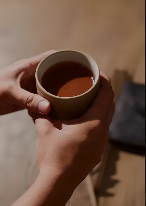 someone holding a cup of AYAHUASCA in their hand on a table, with a cup of Ayahuasca tea , drink a cup of AYAHUASCA tea, arredores detalhados, cup of tea, drinking tea, cup of coffee, bebendo Ayahuasca, robust tea drink, Ayahuasca, holding flask in hand, t...