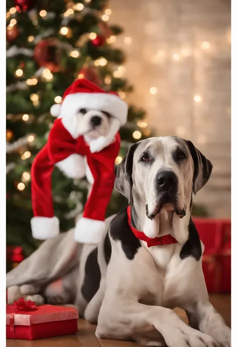 great dane, dressed in santa claus hats and red bow for tie，lighted christmas tree in background, Fresh and lovely，a warm color palette，Warm scene，smiling girl，Friendly，Natural light，soft shade