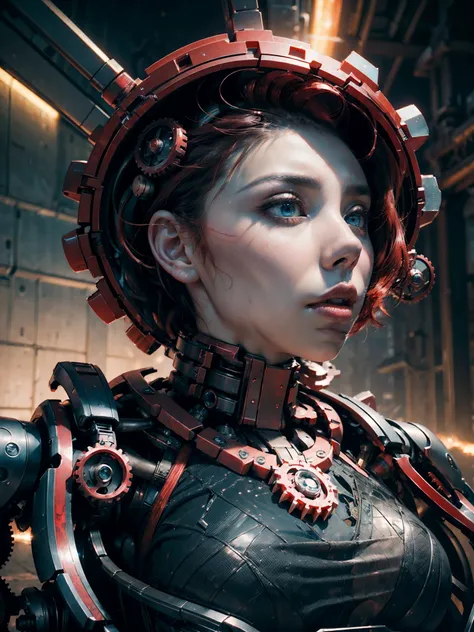 (((wide view))), nebula, (a mechanical female) red hair scarlet Johansson, ((multi-layered structure)), (transparent exposed mechanical gears inside), ((detailed depiction)), ((complex picture)), look at me, super fine, 16k resolution, (((master work))), (...