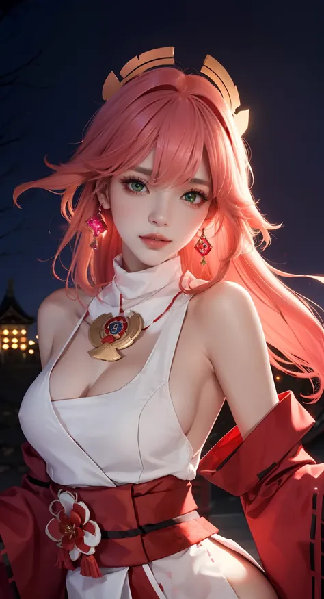 (Masterpiece, Excellent, 1girl, solo, complex details, color difference), realism, ((medium breath)), off-the-shoulders, big breasts, sexy, Yae Miko, long pink hair, red headdress, red highlight, hair above one eye, green eyes, earrings, sharp eyes, perfec...