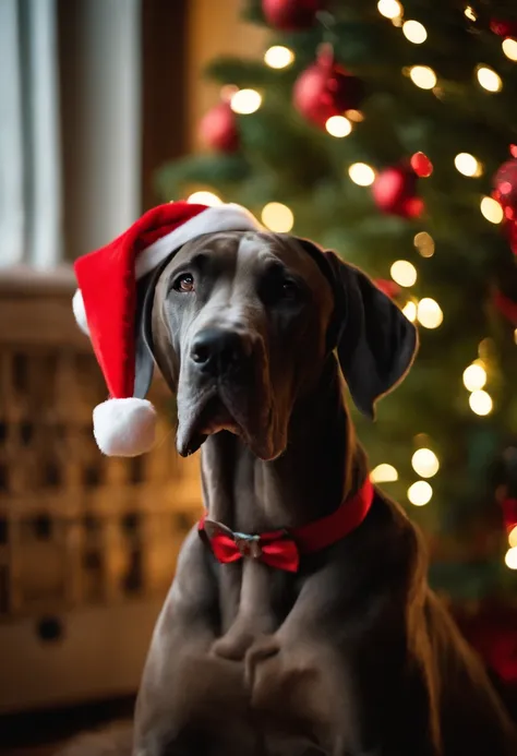 great dane, dressed in santa claus hats and red bow for tie，lighted christmas tree in background, Fresh and lovely，a warm color palette，Warm scene，smiling girl，Friendly，Natural light，soft shade