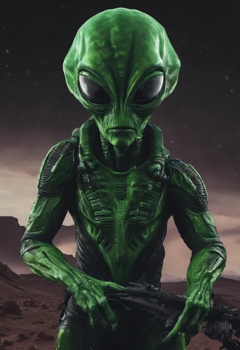 Classic green alien with dark ones and big head, o alien estara em death valley e sera de noite