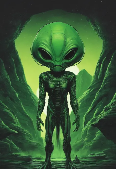 Classic green alien with dark ones and big head, o alien estara em death valley e sera de noite