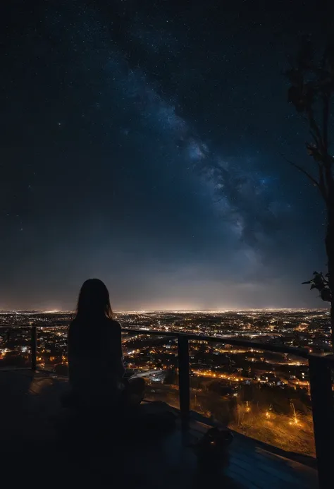 octans, sky, star (sky), scenery, starry sky, night, 1girl, night sky, solo, outdoors, building, cloud, milky way, sitting, tree, long hair, city, silhouette, cityscape