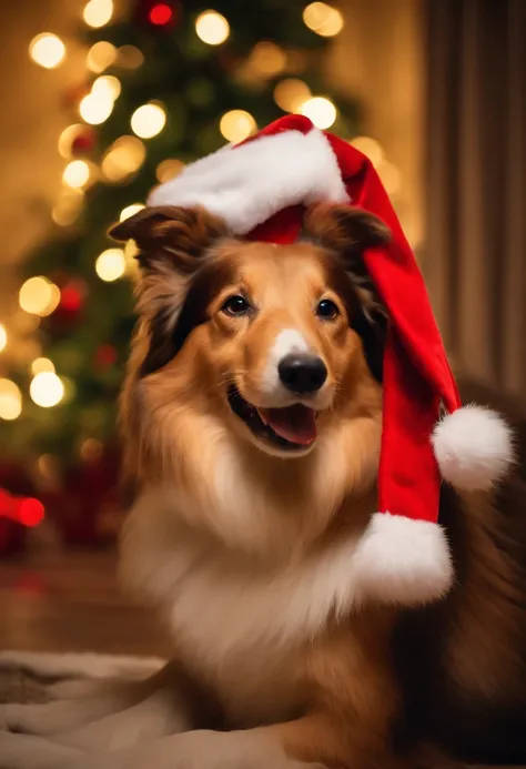 collie, dressed in santa claus hats and red bow for tie，lighted christmas tree in background, Fresh and lovely，a warm color palette，Warm scene，smiling girl，Friendly，Natural light，soft shade