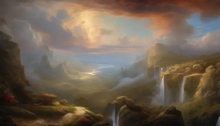 "The angels in the clouds in the sky in paradise inspired by the dramatic style of the British artist John Martin."