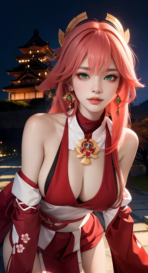 (Masterpiece, Excellent, 1girl, solo, complex details, color difference), realism, ((medium breath)), off-the-shoulders, big breasts, sexy, Yae Miko, long pink hair, red headdress, red highlight, hair above one eye, green eyes, earrings, sharp eyes, perfec...