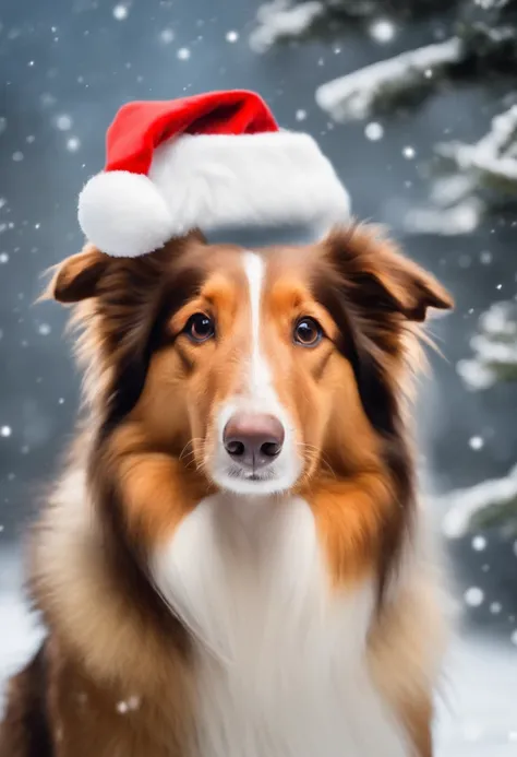 collie, dressed in santa claus hats and red bow for tie，lighted christmas tree in background, Fresh and lovely，a warm color palette，Warm scene，smiling girl，Friendly，Natural light，soft shade