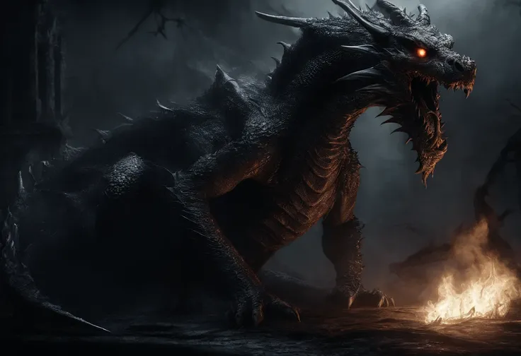 dragon, huge, black, white eyes glowing, cinematic scene,  fire breath