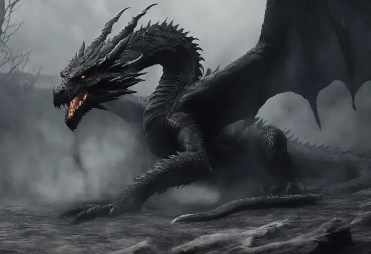 dragon, huge, black, white eyes glowing, cinematic scene,  fire breath