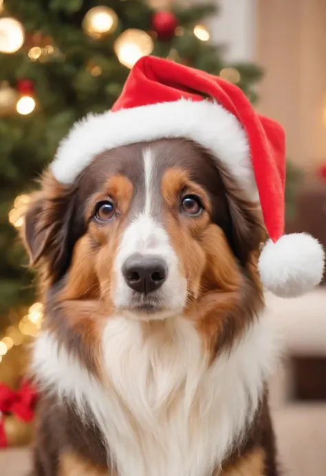 collie, dressed in santa claus hats and red bow for tie，lighted christmas tree in background, Fresh and lovely，a warm color palette，Warm scene，smiling girl，Friendly，Natural light，soft shade