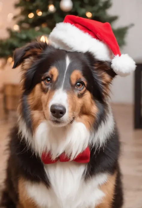 collie, dressed in santa claus hats and red bow for tie，lighted christmas tree in background, Fresh and lovely，a warm color palette，Warm scene，smiling girl，Friendly，Natural light，soft shade