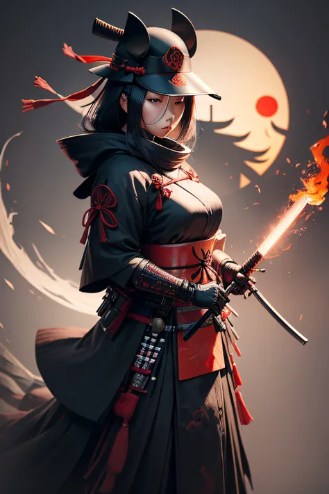 Beautiful Japanese woman from the front, Samurai helmet mask, ghost of tsushima, Coolie Hat Black with red ribbon, highly detailed image, full body, Samurai sword. By leandrojsj