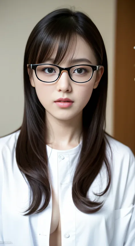 （wears glasses）、scientist、experiment、Manteau blanc、very extremely beautiful、​masterpiece, top-quality,a picture, kawaii、(Colossal tits:1.2)、,8K,Japan girl realistic young idol、Young cute gravure idol、Young Sensual Gravure Idol