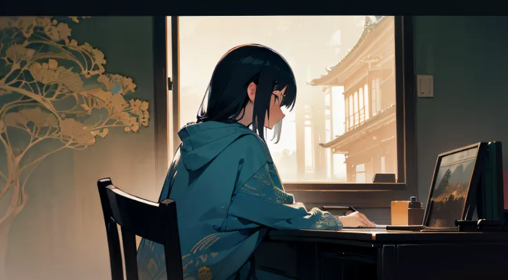 young Japanese woman, room at night, doing homework at desk, beautiful night scene outside window, wearing brightly colored hoodie, profile, Distant view, from behind, melancholy expression, gothic , high resolution, ambient light, 8k, charm, intricately d...