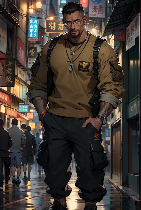 Dwayne Johnson,muscular, beard, Streetwear,cargo pants, necklace,taiwan, street, (masterpiece, best quality, highres, ultra detailed ), night , depth of field, glasses,