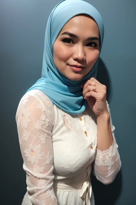 matured malay woman in hijab wearing sexy satin lace white color pajamas portrait photography, mid shot photo, ultra detail, professional photograph with professional lighting, smile, light blue studio background, sexy seducing pose, slim and slanders, sma...