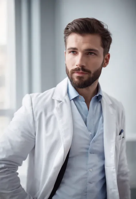 Handsome man in suit, beautiful beard, short hair, sexy doctor man, white coat