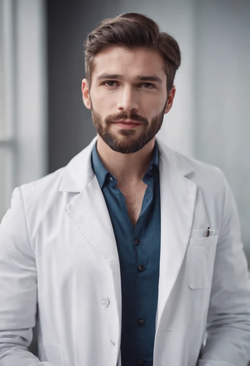 Handsome man in suit, beautiful beard, short hair, sexy doctor man, white coat