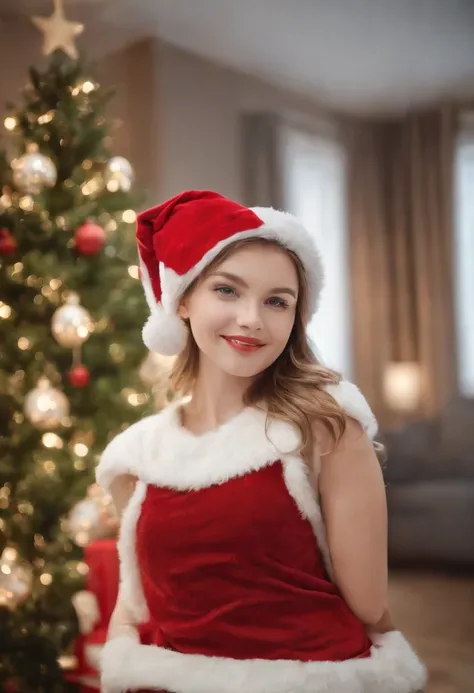 pigs, dressed in santa claus hats and red bow for tie，lighted christmas tree in background, Fresh and lovely，a warm color palette，Warm scene，smiling girl，Friendly，Natural light，soft shade