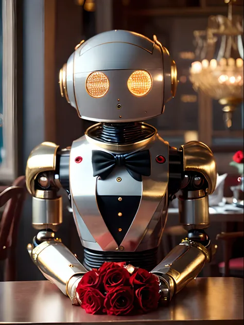 rusty robot dressed in a tuxedo, robot head, sitting at the table of a nice restaurant, on his table lying a bouquet of red roses tied with a golden ribbon, intricate details, a masterpiece, unreal engine 5, octane render, 8k