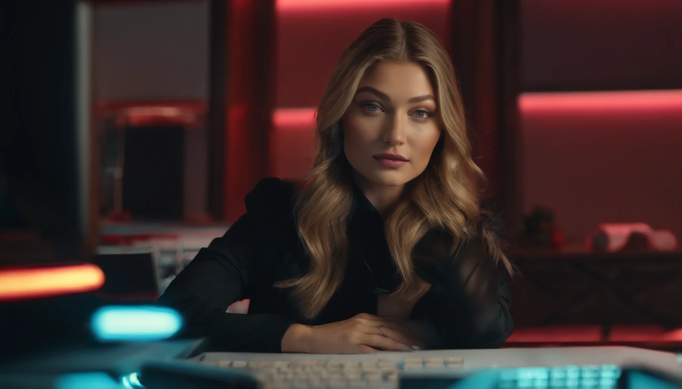 there is a woman sitting at a desk with a computer and a keyboard, cute girl as a youtuber, looking at viewer , modern portrait shot 8 k, luts, portrait of Gigi Hadid,  Gigi Hadid cute