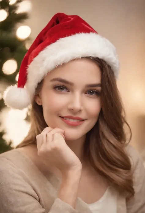 rabbits, dressed in santa claus hats and red bow for tie，lighted christmas tree in background, Fresh and lovely，a warm color palette，Warm scene，smiling girl，Friendly，Natural light，soft shade