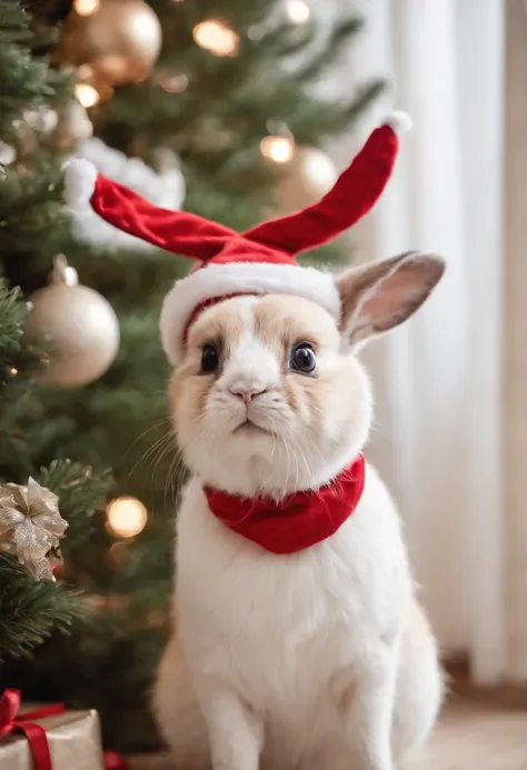 rabbits, dressed in santa claus hats and red bow for tie，lighted christmas tree in background, Fresh and lovely，a warm color palette，Warm scene，smiling girl，Friendly，Natural light，soft shade