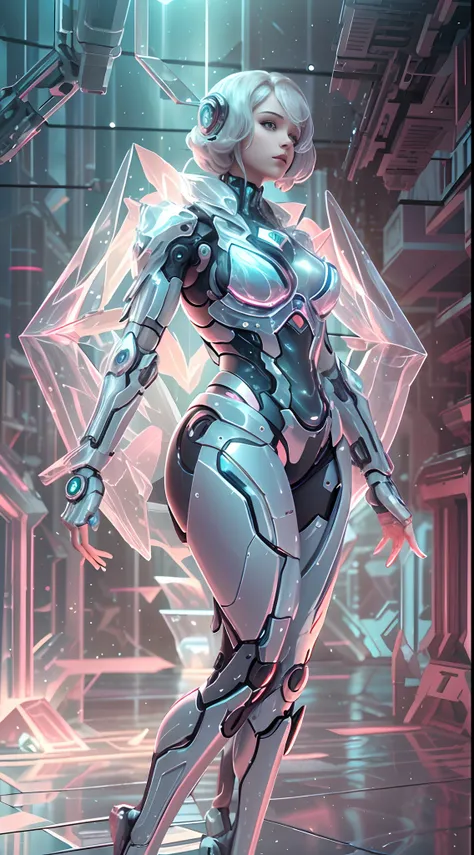 Translucent ethereal mechanical girl，Futuristic girl，Mechanical joints，futuristic urban background