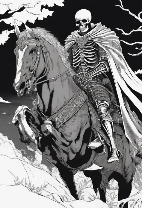 a close up of a skeleton riding a horse with a skull on it, in berserk manga, skeleton knight, from berserk, skeleton king, berserk skullknight black armor, undead skeleton king, berserk manga, undead knight, griffith from berserk, portrait of guts from be...