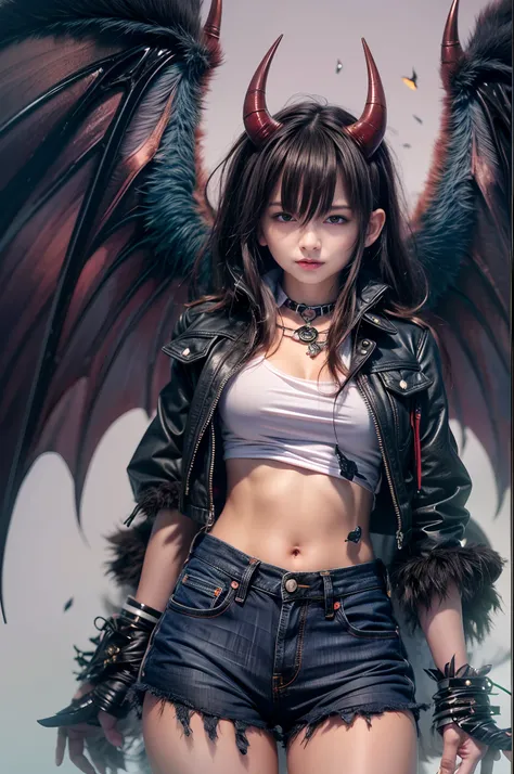 (best quality,4k,highres),sexy demon loli,open denim shorts,white wet t-shirt,bare midriff,underboob,batwings,dracula fangs,gazing at viewer,portraits,vivid colors,dark and atmospheric lighting