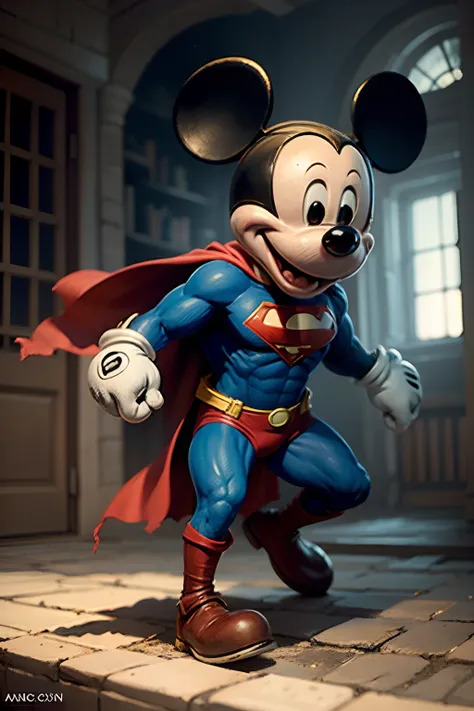 mickey wearing a superman suite, blue light