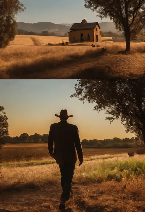 Silhueta de um homem que trabalha nos campos, against the radiant sunset, captured from a distance, vast farm and sky dominating the picture, Well-defined sketch of the lone farmer, Tons dourados quentes, Dedicated workforce, breath-taking sunset, sol desc...