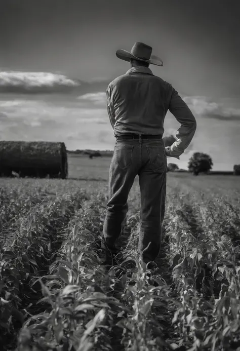 gilson,Silhueta de um homem que trabalha nos campos, against the radiant sunset, captured from a distance, vast farm and sky dominating the picture, Well-defined sketch of the lone farmer, Tons dourados quentes, Dedicated workforce, breath-taking sunset, s...