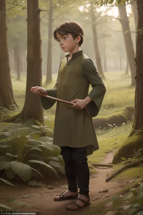 Year: 11th century. Location: England. Pre-raphaelite scene with a 9-year-old boy practicing ((juggling)), in the forest, ((frustrated)) ((concentration look)), ((((11th century plain dull tunic)))) ((11th century hairstyle)), (((cinematic style)))