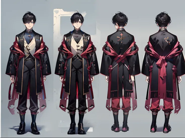 of a guy，short black hair，cute looking，tight vest，wide robe，shorter pants，leather shoes，full bodyesbian！！，（characterdesignsheet）...