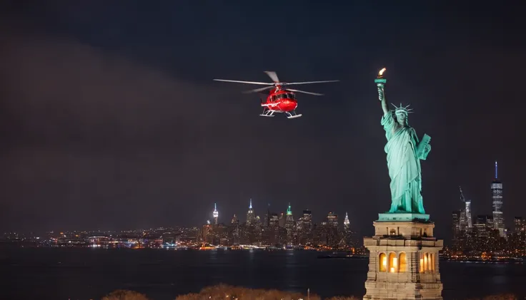 a red toy windup helicopter landing on the head of the statue of liberty, after dark, snow falling, new york city skyline in the background, no world trade center