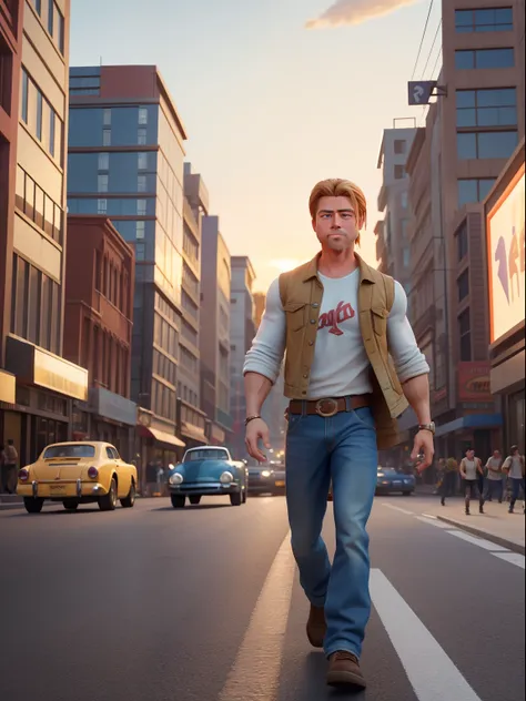 A waist high potrait of brad pitt manly character well built, wearing casual clothes, in the style of Pixar Animation, walking on a busy big city street, cars, people, dynamic action poses, sunrise, rich colours , 3d render unreal engine , octane render , ...