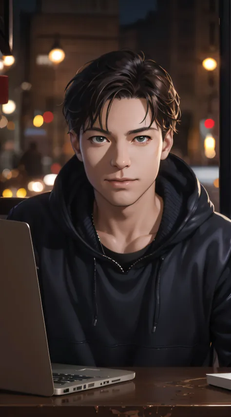 Close up portrait of a person sitting at a table on a laptop, Realistic art style, Peter Parker, Photorealistic Art Style, Realistic art style, realism artstyle, background artwork, Realistic style, 4k detailed digital art, Detailed Digital Anime Art, real...